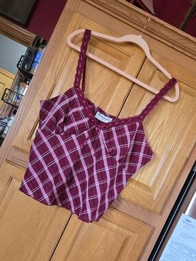 No Boundaries Burgundy Plaid Lace-Trim Cami Top